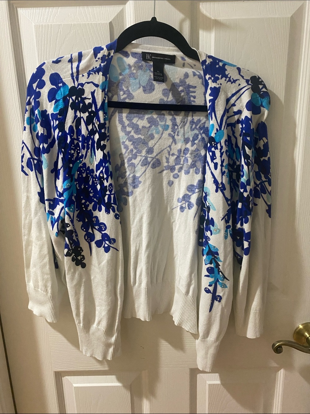 INC International Concepts White Cardigan with Blue Floral Print